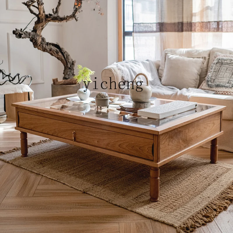 

ZC solid wood Duobao glass coffee table living room tea table Chinese retro creative log storage