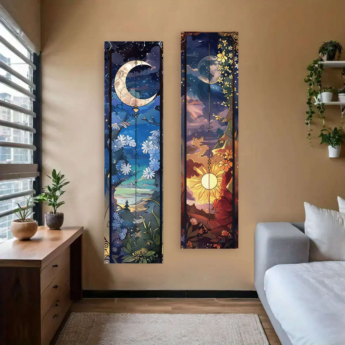 Sun & Moon Vertical Tapestry Tree of Life Flower Mountain Tapestry Wall Hanging Nature Landscape Aesthetic Tapestries Wall Decor