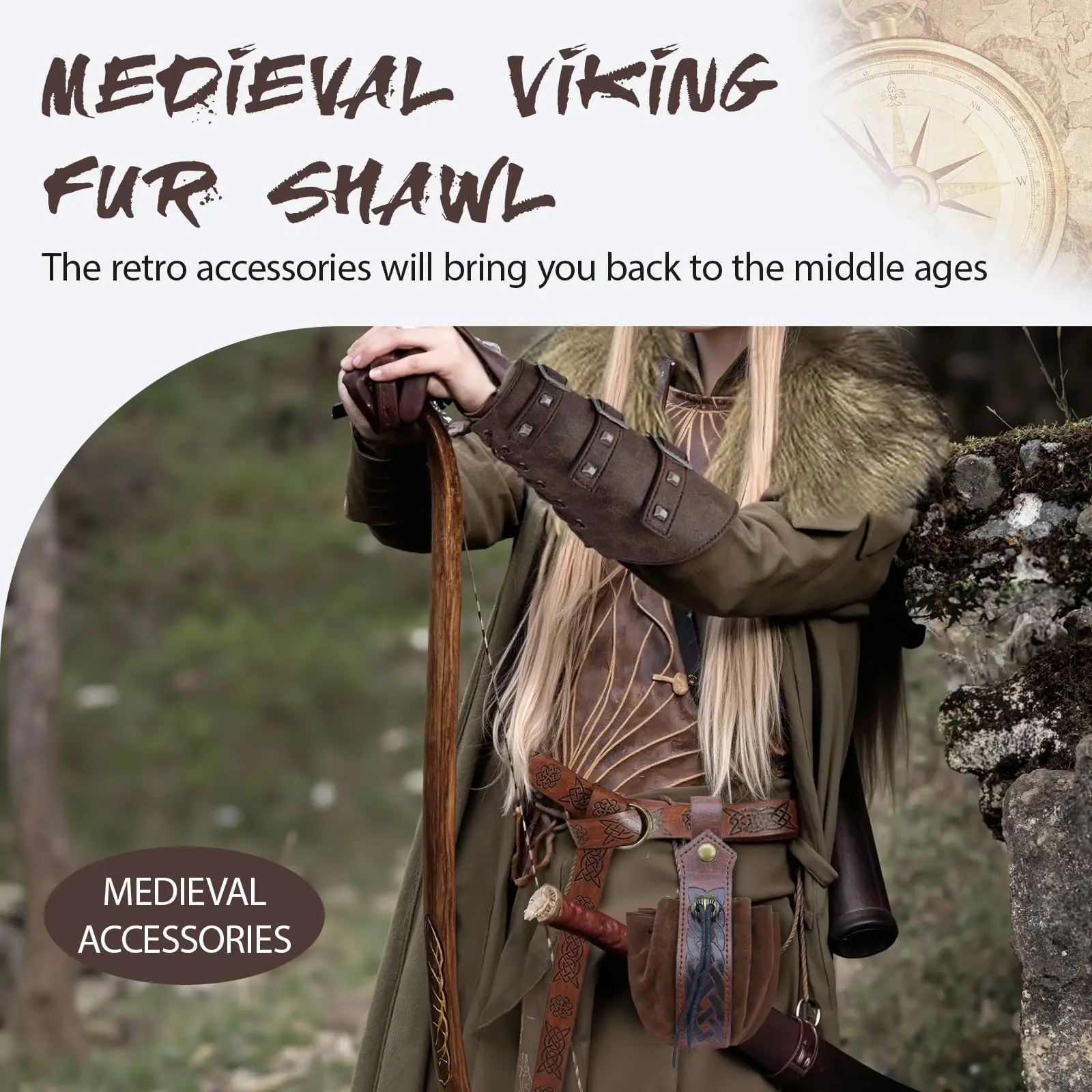 ชุดคอสเพลย์ไวกิ้งสำหรับผู้ชาย ผ้าคลุมไหล่ขนสัตว์เทียม ชุดนักรบ ยุคเรอเนซองส์ เสื้อผ้ายุคกลาง ปลอกแขน ชุดเกราะ สำหรับฮาโลวีน คอสเพลย์ ผู้ใหญ่