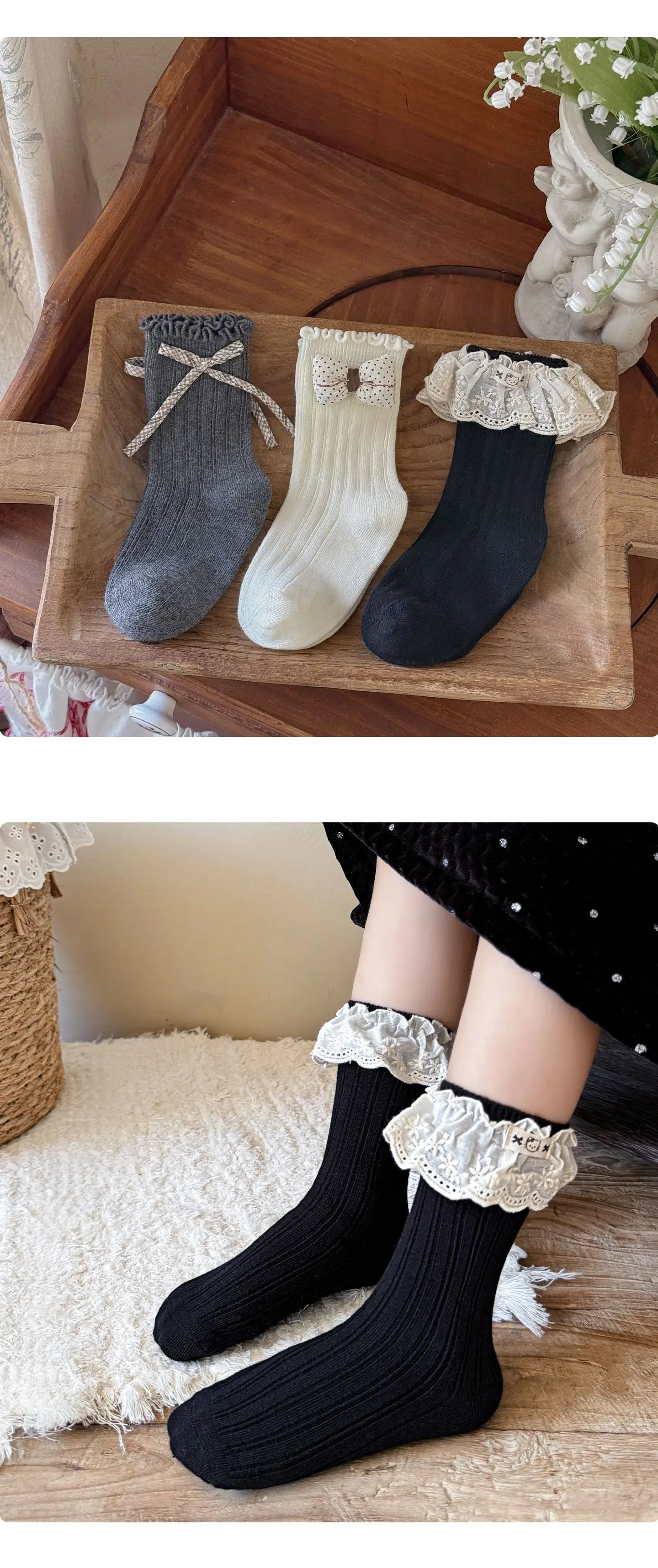 3 Paar Kindersocken für Mädchen, süße Spitzen-Rüschen-Mädchensocken, Prinzessinnen-Socken für Kleinkinder, mittellange Socken aus gekämmter Baumwolle für Mädchen – Detail 6