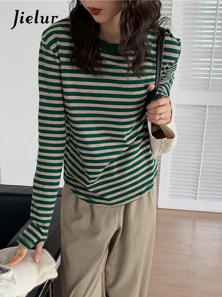 Jielur Green Women Hot New Korean Cotton Spring Loose Casual Basewear Striped Long Sleeve Tops All Match Basic T-Shirts