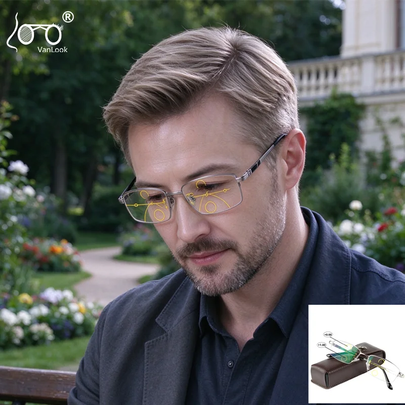 Multifocal Reading Glasses Men Silver Frame Progressive Presbyopic Glasses Eyeglasses For Garden Newspaper Reading