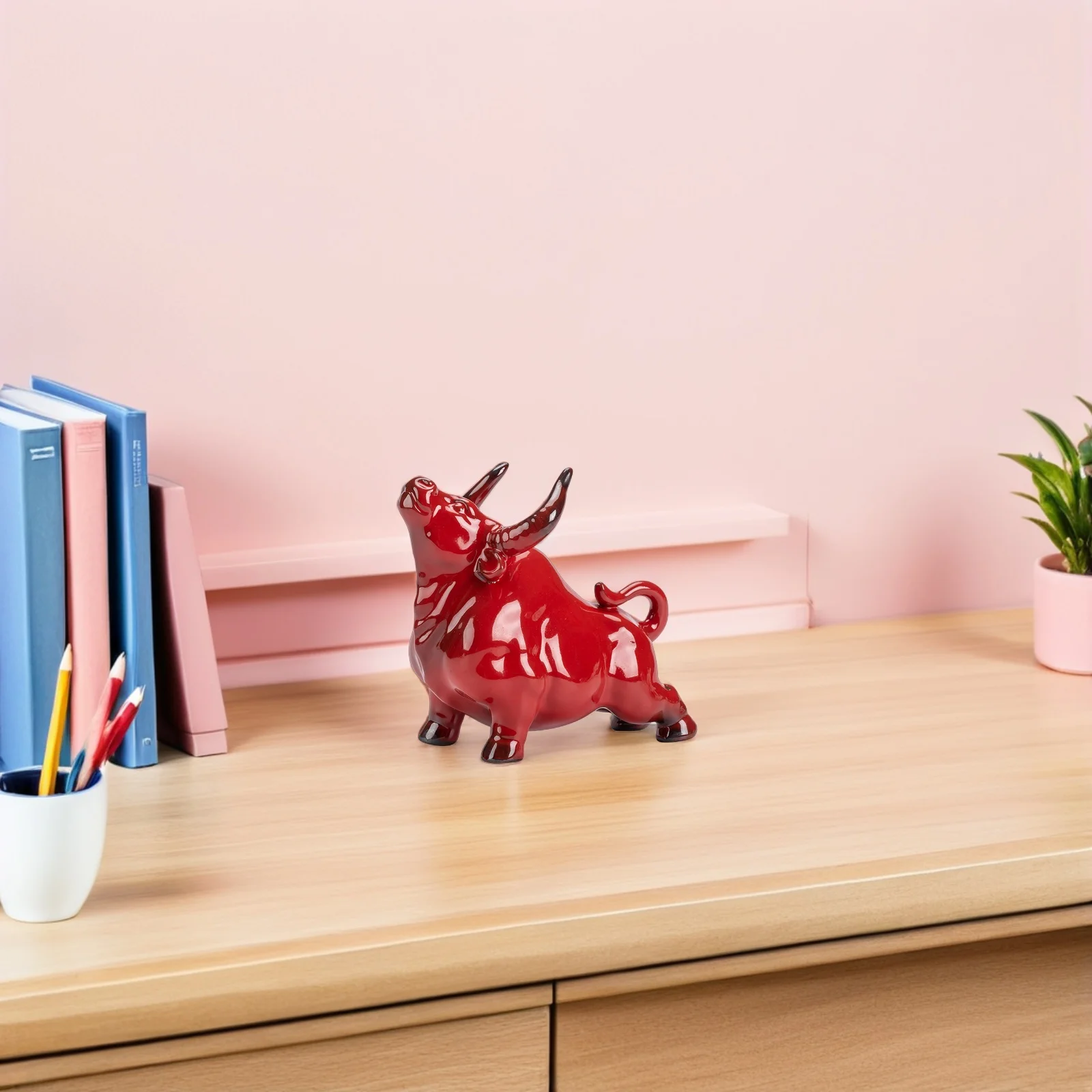

Ox Desktop Adornment Red Ceramic Sculpture Career Luck Symbol Home Office Decoration Art Crafts Table Ornament