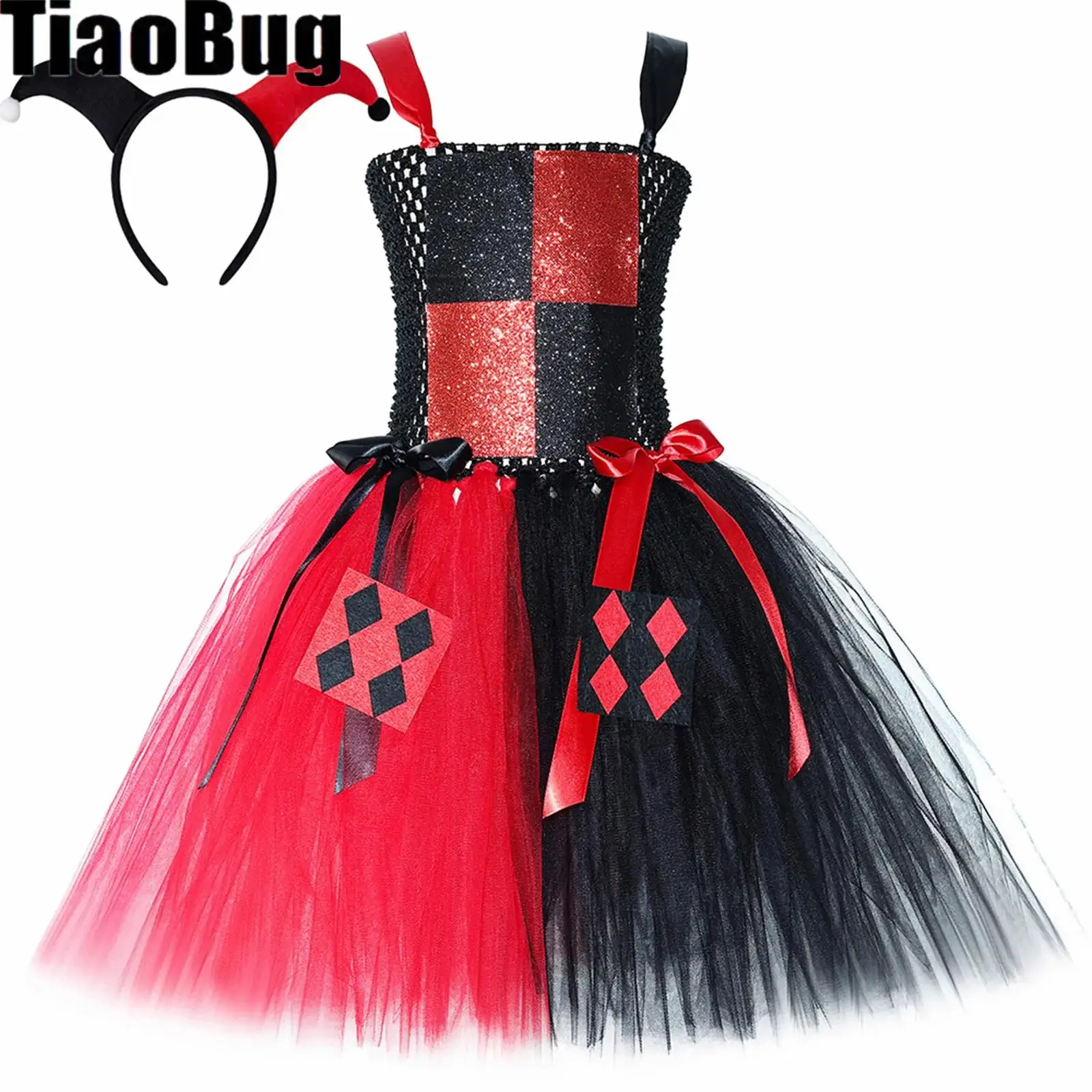 

Girls Halloween Circus Clown Cosplay Costume Hollow Out Patchwork Puffy Tutu Dress for Christmas Birthday Party Queen Role Play
