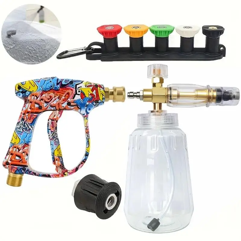 Graffiti Short Pressure Washer Gun Kit, M22-14mm, 1L Foam Cannon, 5 Nozzles & Metal Adapter for Karcher K2-K7 Car Washing