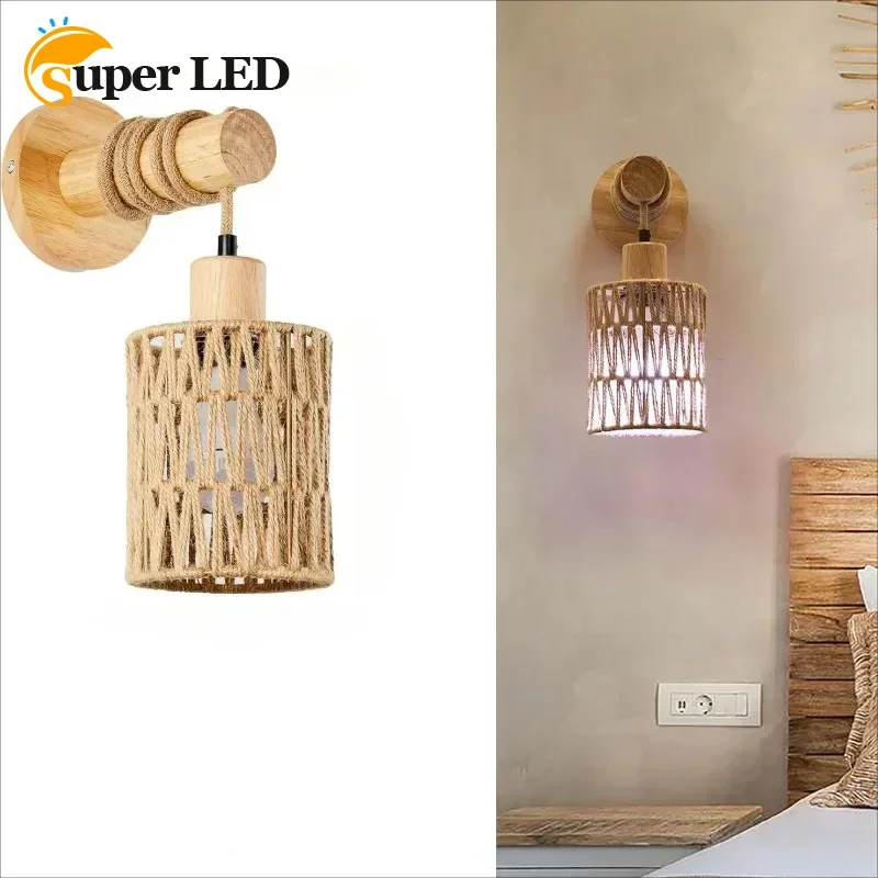 1/2pcs Farmhouse Wall Mount Lighting Wood Rustic Wall Lamp for Hallway Living Room Bedroom Wall Lights for Hotels Rattan Sconce