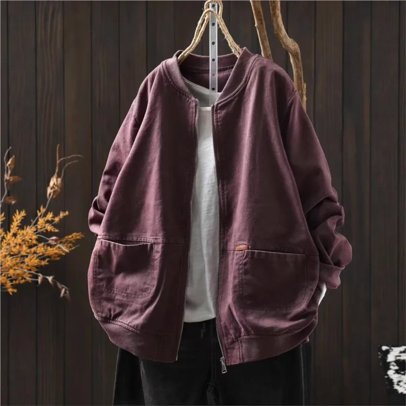 

Women Vintage Cotton Jackets Solid Color Stand Long Sleeve Coats 2025 Autumn New Zipper Loose Casual Pockets Jackets ZT207