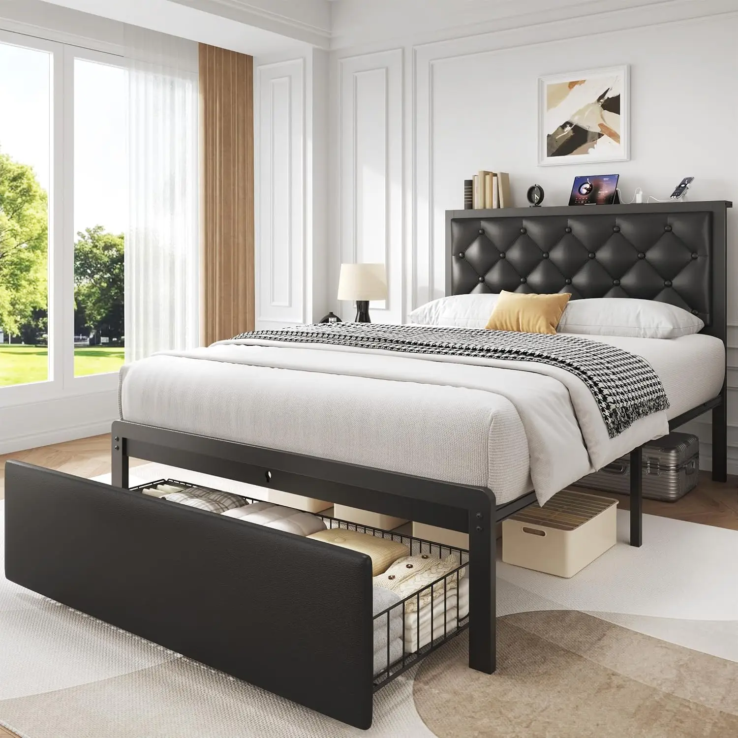 Twin Bed Frame Upholstered Headboard Storage Drawer Charging Station Metal Structure Noise Free No Box Spring Black, Customized