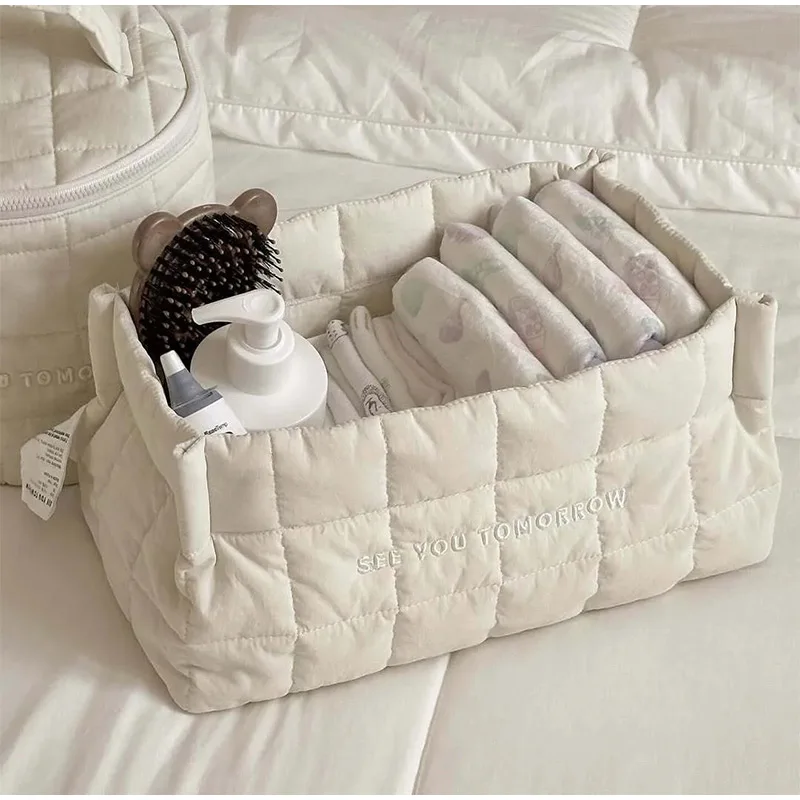 Ins Style Quilted Storage Basket Soft Cotton Organizer Bin For Baby Diapers Toys & Sundries Multi-purpose Bedroom Organizer