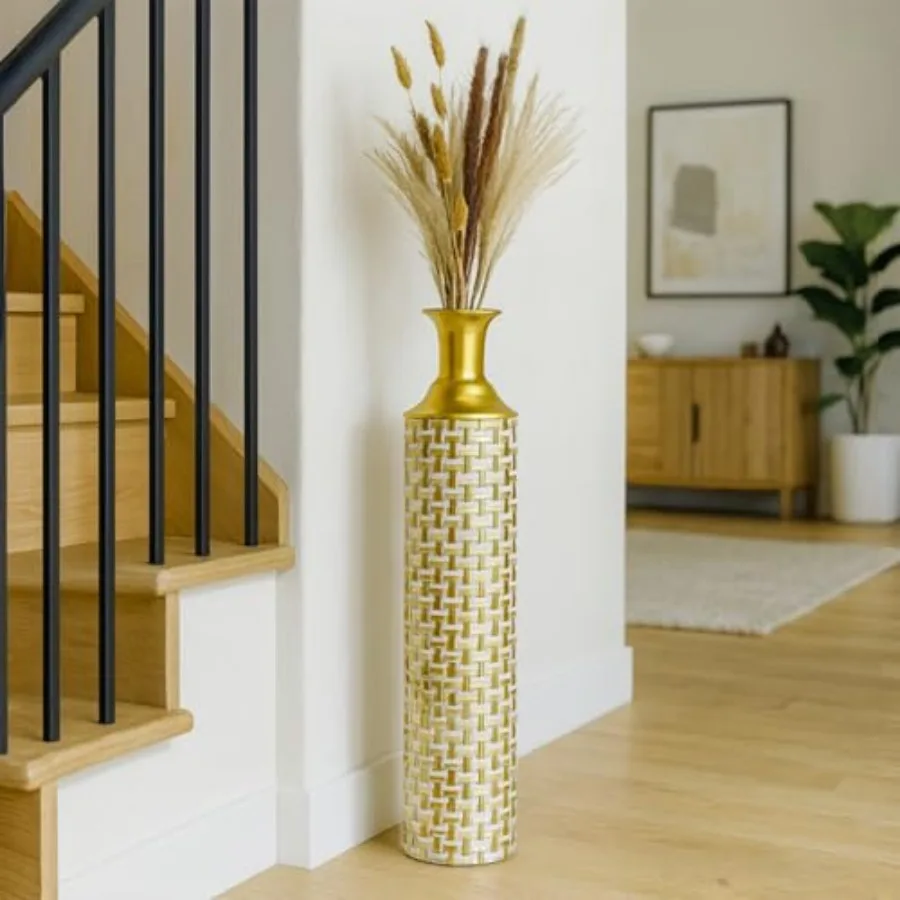 Home decor tall floor vase set of 3 in gold metal 26/21/16 inches modern vintage rustic farmhouse style with pampas grass