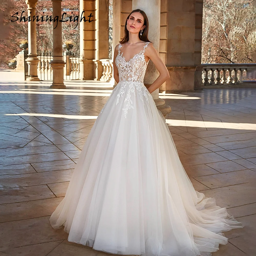 

ShiningLight Tulle A-Line Wedding Dresses V-Neck Applique Sleeveless Boho Bridal Formal Marriage Gowns vestido boda civil Custom