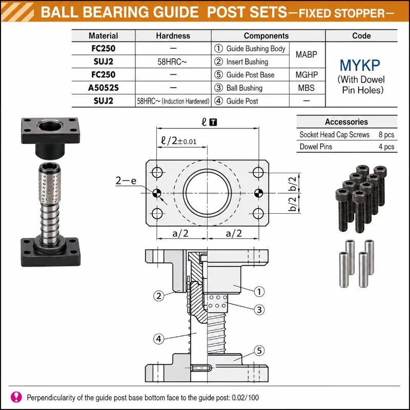 58HRC MYKP Ball Bearing Guide Post Set Fixed Stop Ring Type FC250 for High Precision Stamping Die and Mold Guidance view 2
