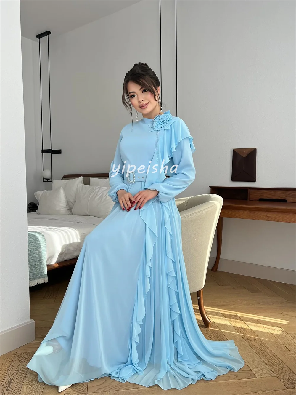 Customized Intricate Formal Chiffon Handmade Flower Rhinestone Sash A-line High Collar Long Dresses Bespoke Occasion Dresses