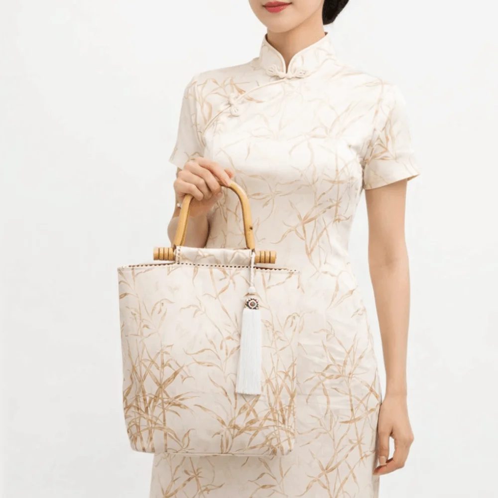 

Canvas Jacquard Tote Bag Bamboo Joint Cheongsam Accessories Chinese Style Handbag Large Capacity Hand-held Hanfu Underarm Bag