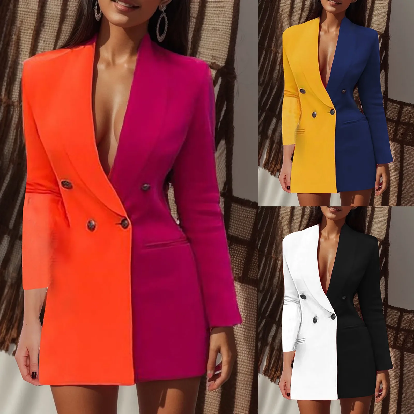 

Women Blazer Elegant Office Lady Suit Thin Spring V-neck Female Long Sleeve New Patchwork Slim OL Double Breasted Dress Coat