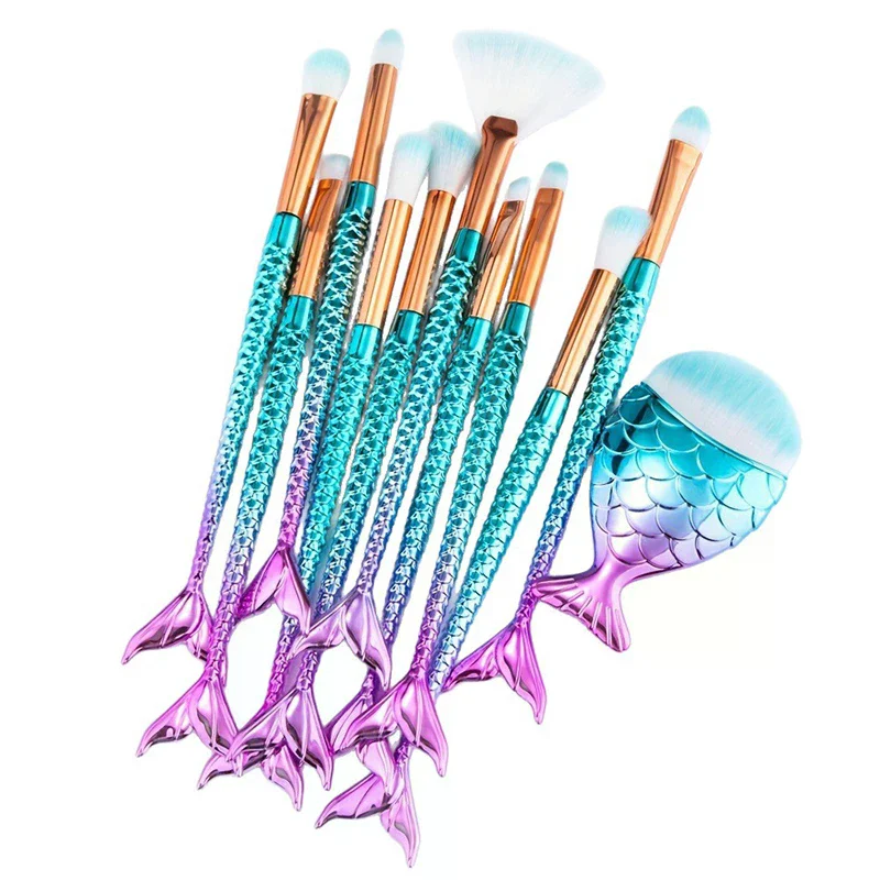 Juego de brochas de maquillaje de 11 Uds., Kit de brochas de ojos de sirena a la moda, resaltador de colorete, máscara de ojos, juego de brochas de maquillaje de sirena