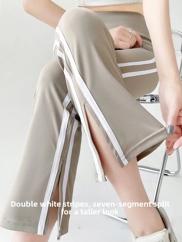   女性用ハイウエスト七分丈ヨガパンツ 薄手 夏新作 ストライプカラー ブロサイドスリット入り レディース アウトドアスポーツパンツ