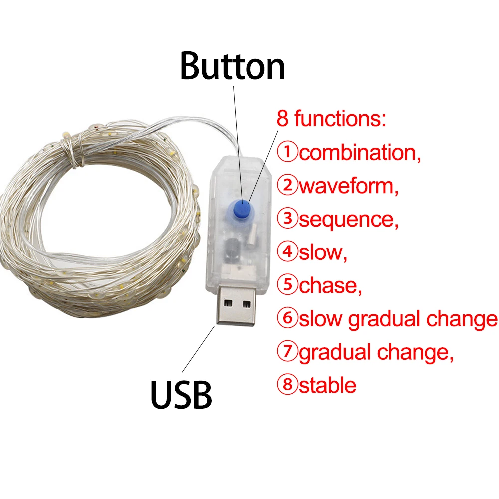 Luces de Hadas en Conexión USB LED Luces Navidad blanco cálido 8 Modos Cadena de Luces LED de Iluminación  IP65 impermeables Para  , Decoración