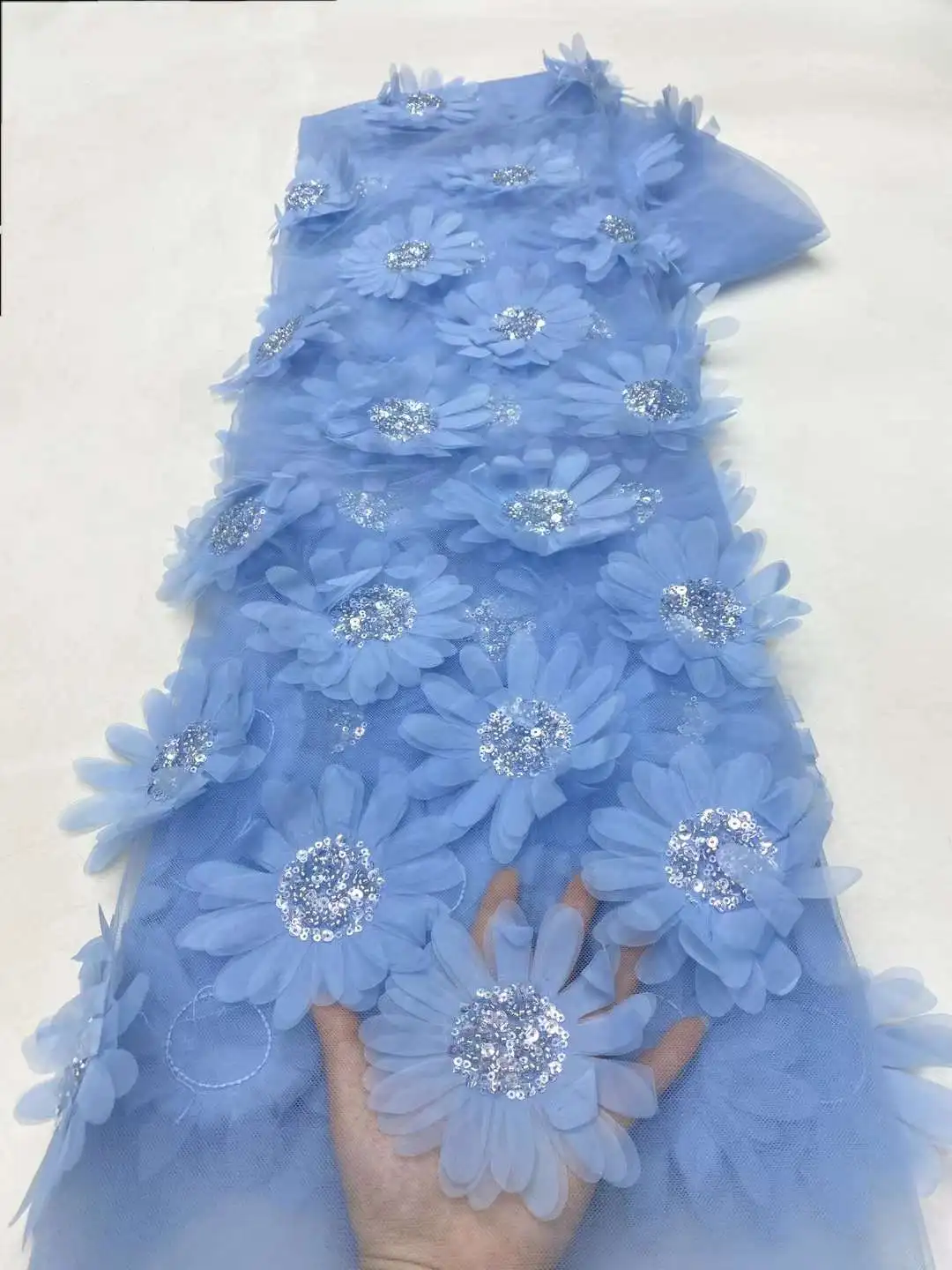 

African 3D Lace Fabric 5 Yards 2024 High Quality With Beads Embroidered French Nigerian Sequins Lace Fabric For Wedding
