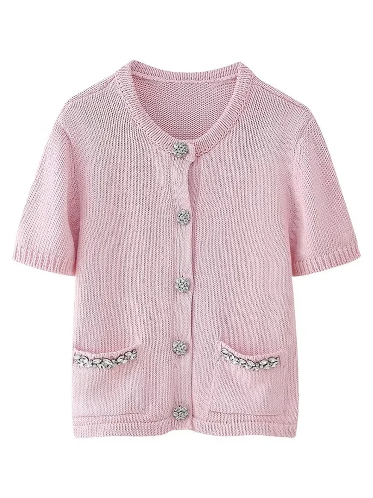 

Women 2024 Summer Fashion Jewelry Decoration Pink Knitted Cardigans Female O-Neck Short Sleeve Single Breasted Casual Sweater