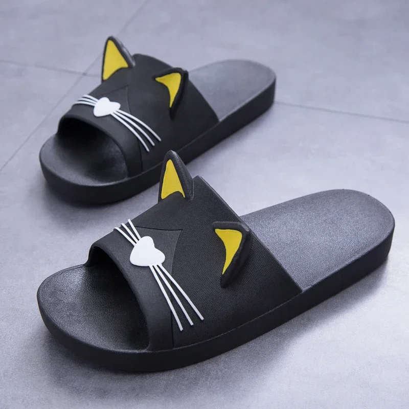 Comemore Women Summer Slippers Beach Slide Sandals Cartoon Cat Flip Flops Soft Comfortable Men Couple Ladies Flat Casual Shoes