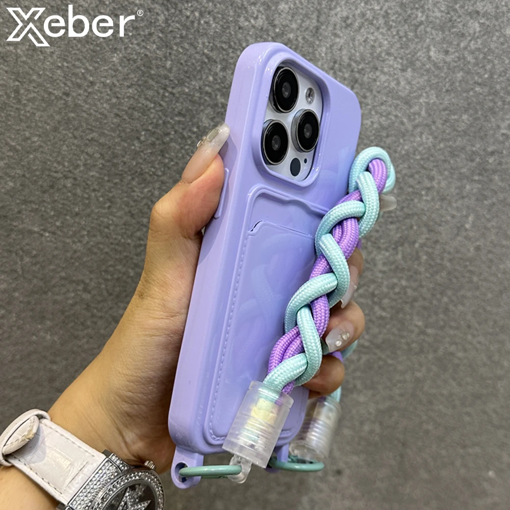 Colourful Braided Wrist Strap Lanyard Phone Case For iPhone 12 13 14 15 Pro Max Slot Card Holder Soft Glossy Silicone Back Cover