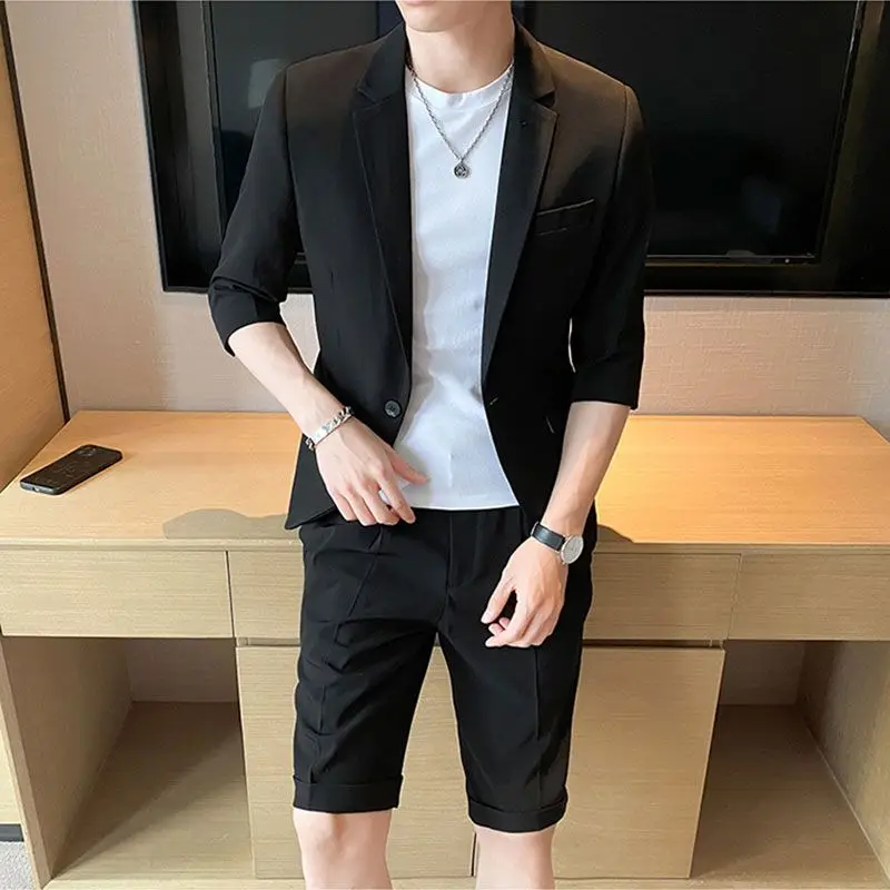 2-A61  Men's summer short-sleeved suits, drapey thin casual mid-sleeve small suits fn with slim shorts, full set of fashion