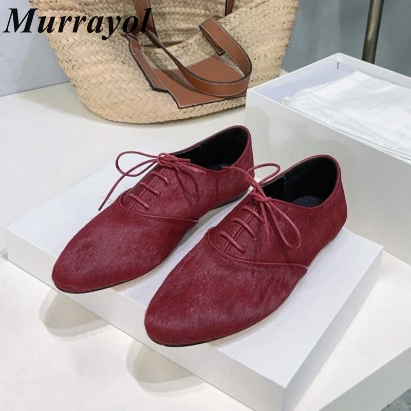 2025 New Fur Solid Color Lace Up Deep Mouth Flat Shoes Women's Genuine Leather Single Shoes Four Seasons Retro Walking Shoes