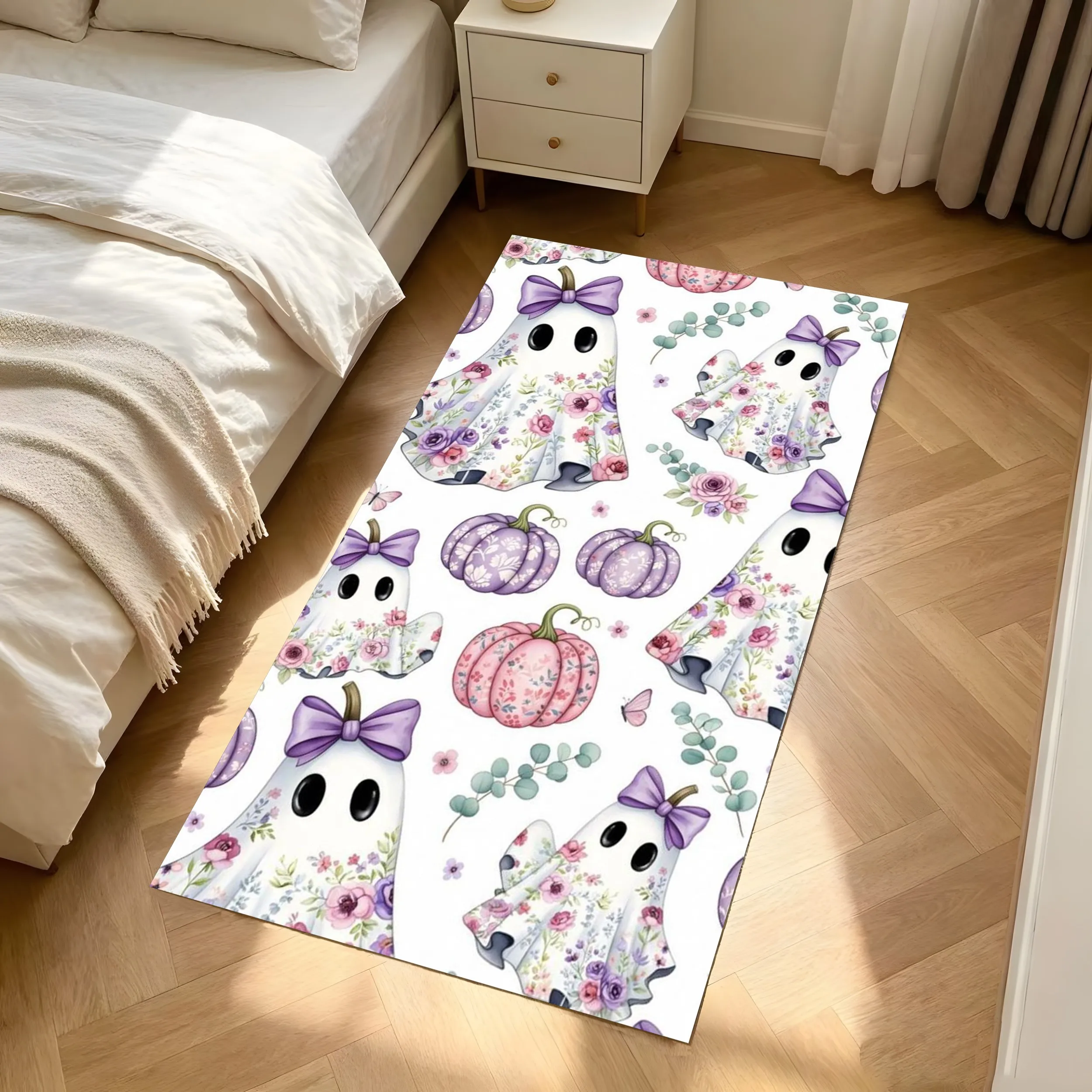2D Carpet with Ghostly Pumpkin and Maple Leaf Prints Full-Coverage Design Childlike and Soothing Warm and Soft Tones Vibrant