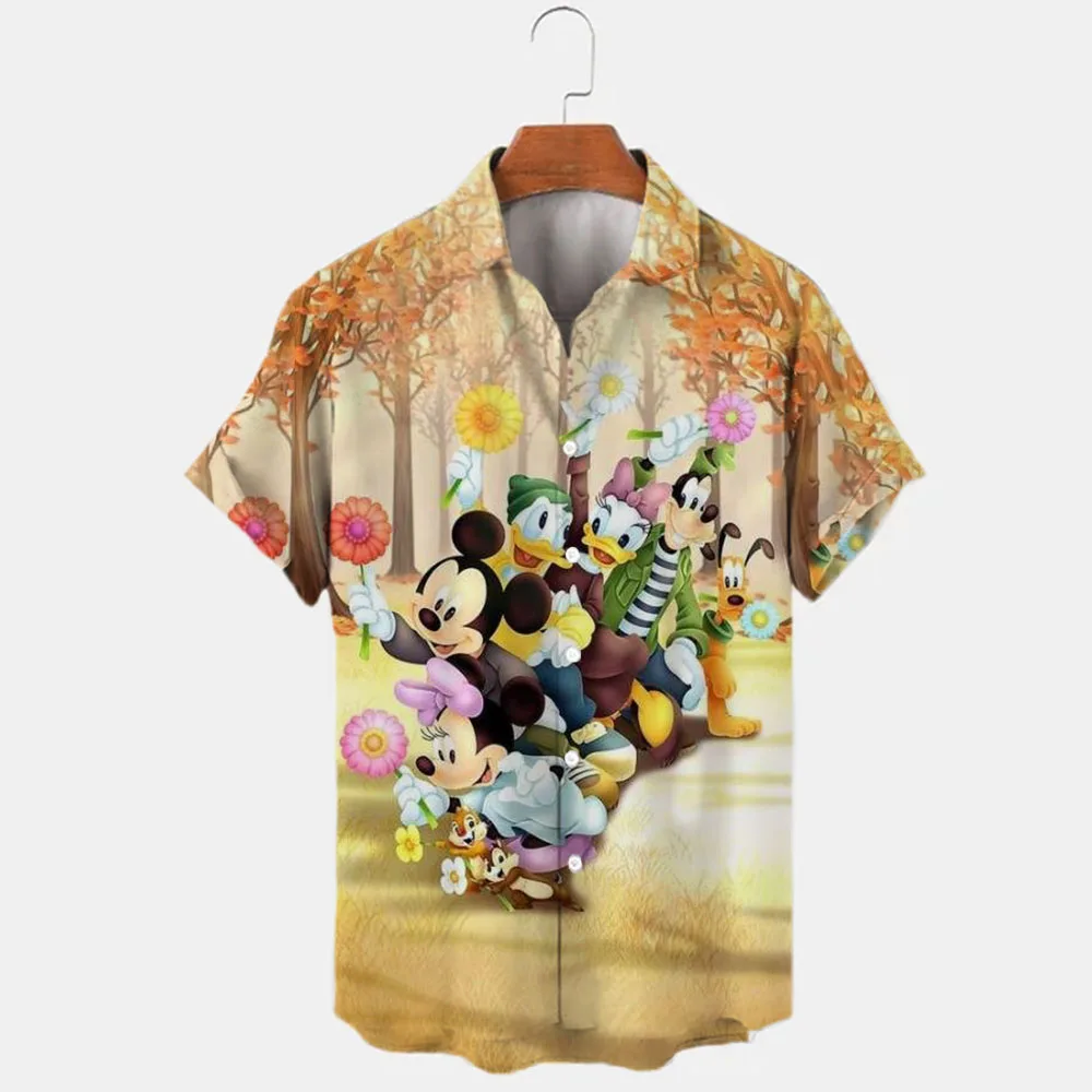 Summer New Disney Winnie The Pooh Stitch And Mickey Brand Cartoon Casual 3D Printed Short Sleeve Lapel Shirt Slim Fit Men's Top