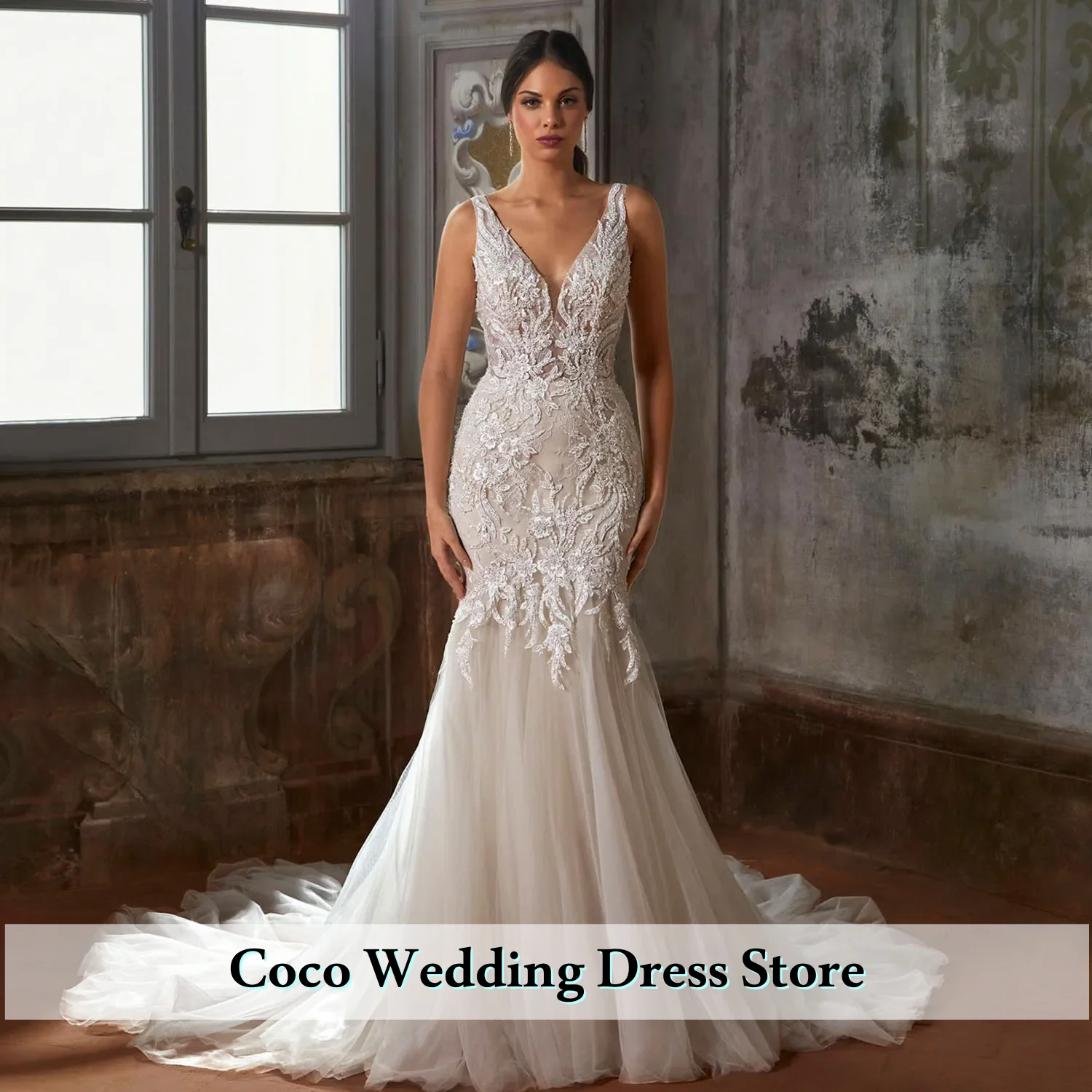 

Customized Luxury Deep V-Neck Backless Beads Pearls Sequins Appliques Elegant Mermaid Wedding Dress Vestido De Noiva Sereia