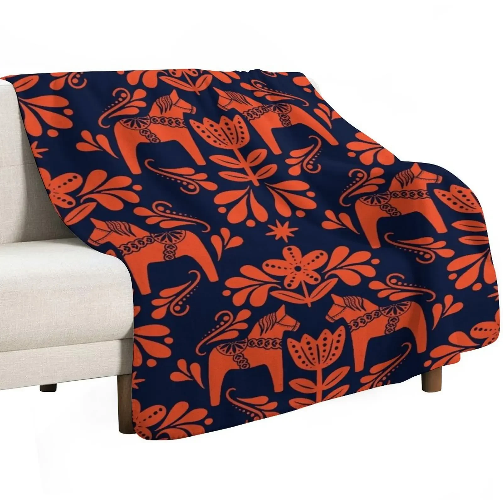 Folk Art Dala Horse - Navy Blue and Burnt Orange Throw Blanket Decorative Sofas Thermals For Travel Flannel Blanket