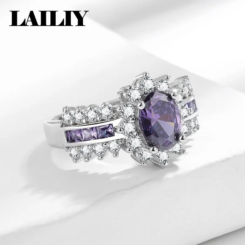 LAILIY925 Sterling Silver Gift Party Diamond Purple Gemstone Zircon AdjustableOpening Ring for Women Fashion Jewelry Accessories