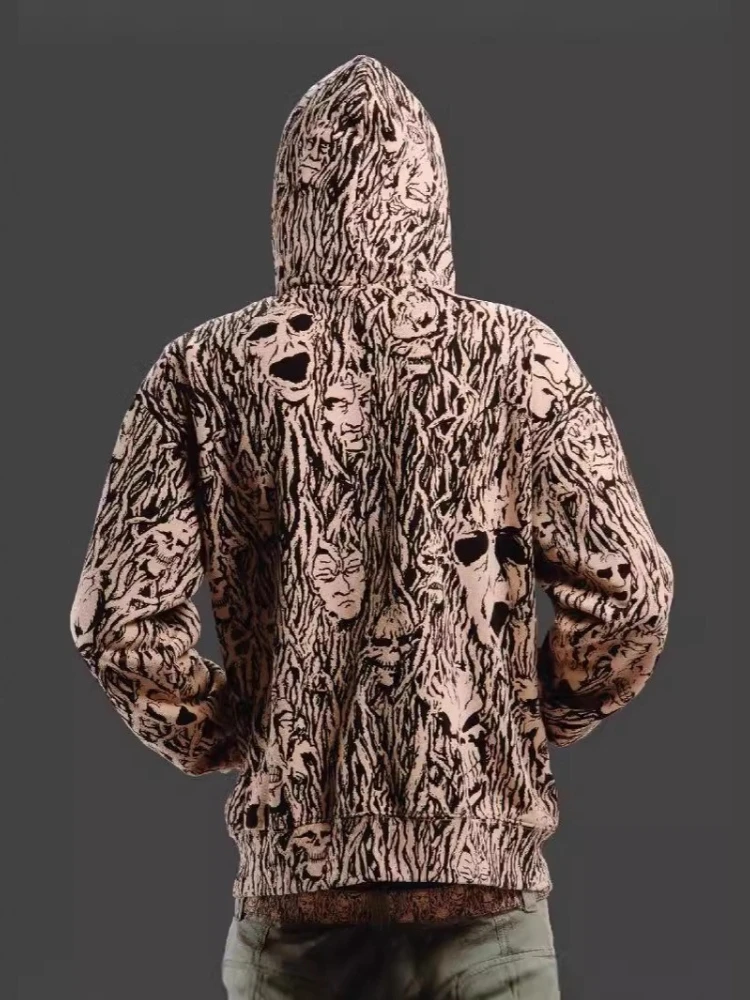 Męska bluza z kapturem w stylu amerykańskim dark vintage, streetwear, zapinana na zamek, Harajuku, luźny krój, casualowa, na jesień i zimę.