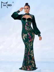 Missord New Floral Round Neck Cutout Lantern Sleeves Sequin Mermaid Evening Gown Wedding Birthday Party Formal Occasion Dresses