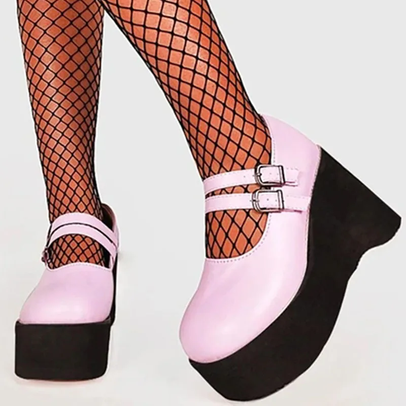 Zapatos de tacón muy alto para mujer, sandalias de cuña con hebilla de cinturón, estilo Lolita, Punk