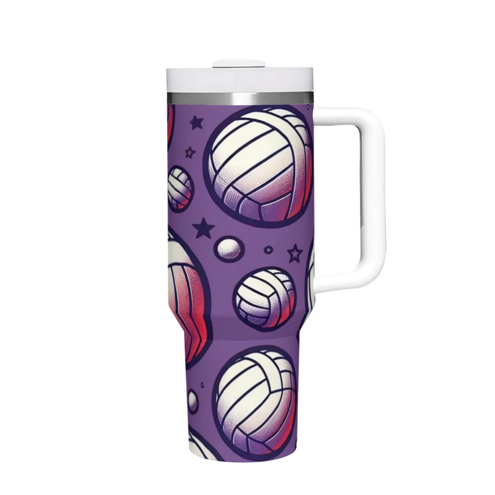 1pc Vibrant Volleyball-Themed 40oz Insulated Coffee Mug with Lid & Straw - Stainless Steel, Pvc-Free, Perfect for Sports Fans - Hand Wash Only, Reusable Beverage Container, Sports Fan Mug | Volleyball Design | Durable Coffee Cup, Coffee Mug