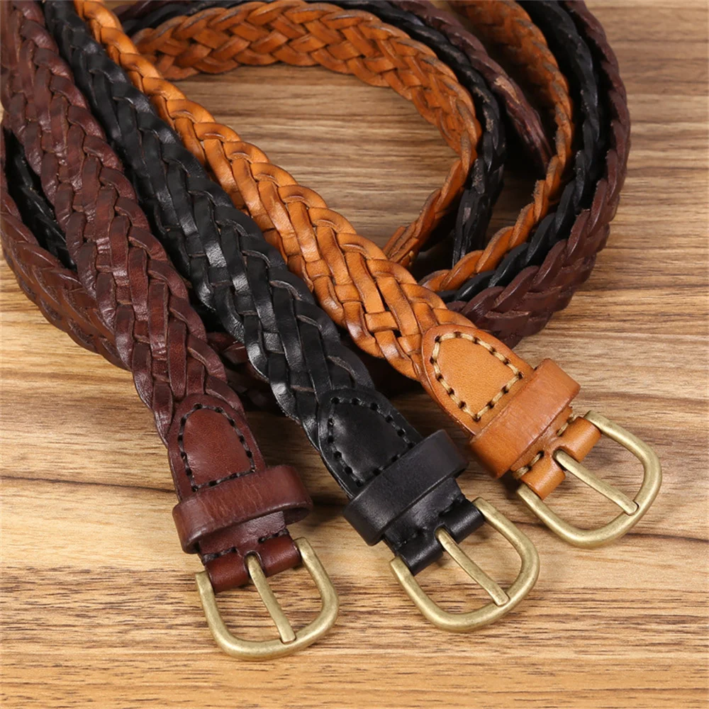 Braided Belt for Women Ladies Pure Color Genuine Leather Alloy Metal Buckle Adjustable Belt for Jeans Dress Accessories Gifts