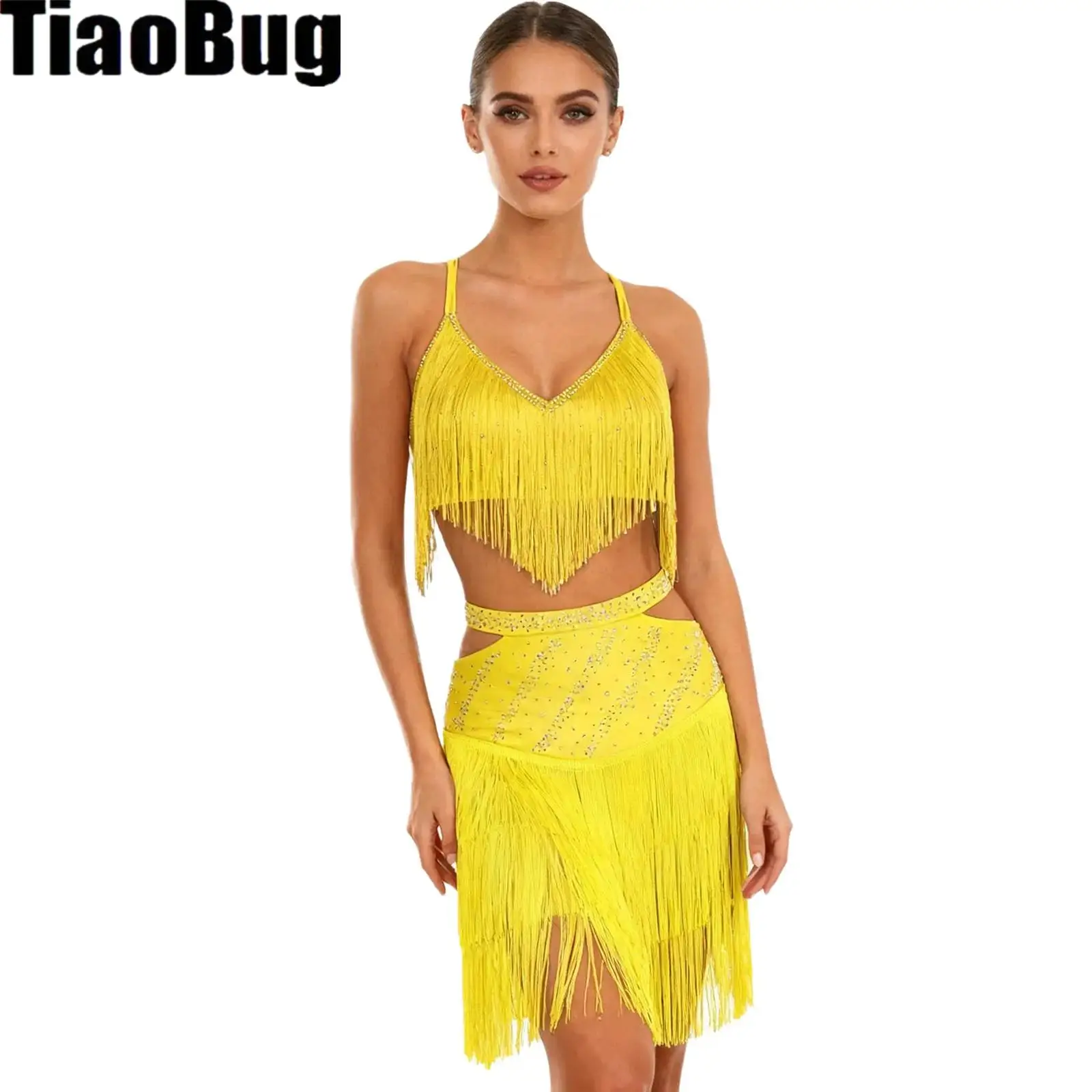 

Womens Latin Tango Tassel Dance Outfits V-Neck Sleeveless Crisscross Back Crop Top And Cutout Elastic Waistband Skirt Dancewear