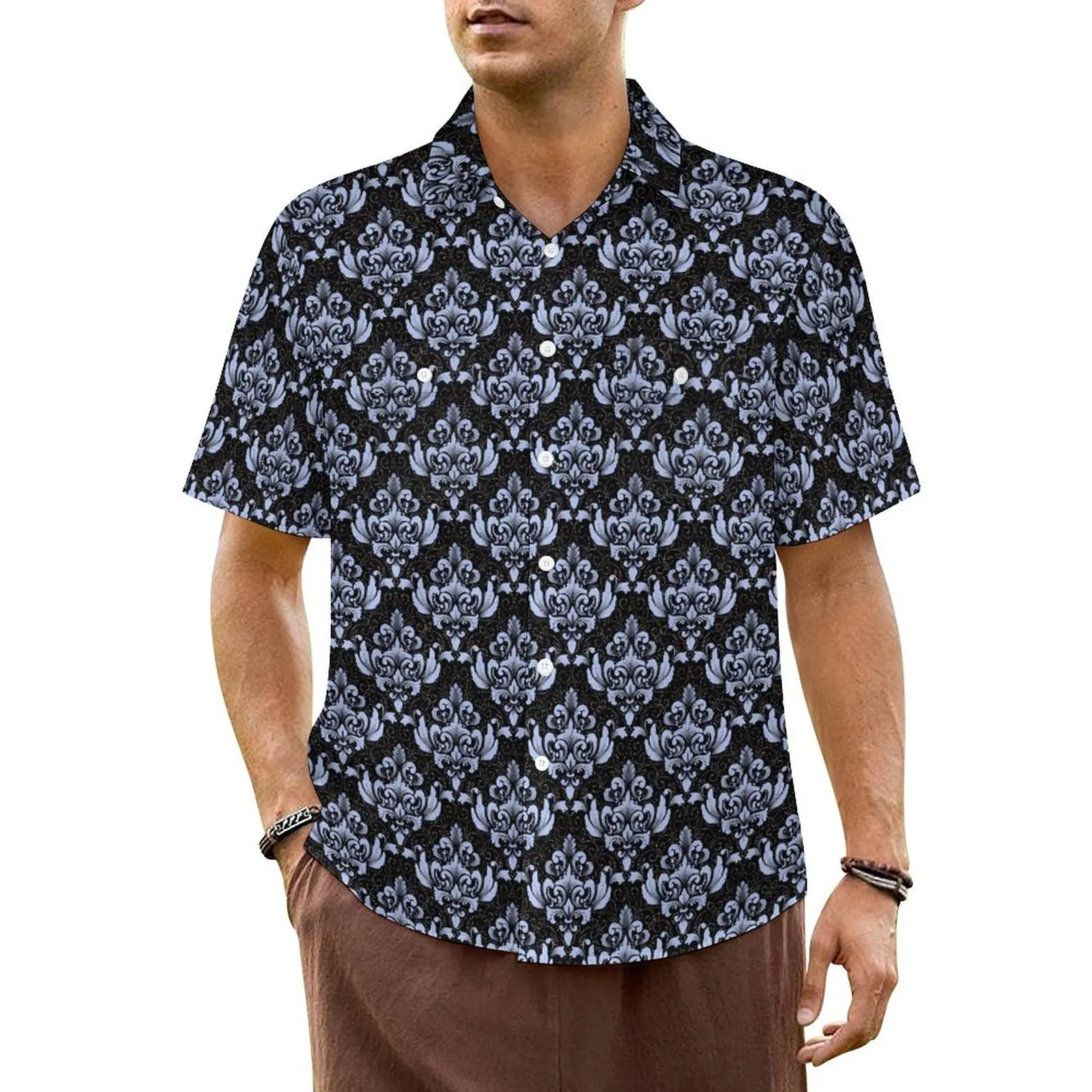 

Blue Damask Casual Shirt Retro Print Vintage Hawaii Shirts Men Short Sleeves Beach Comfortable Printed Oversize Blouses