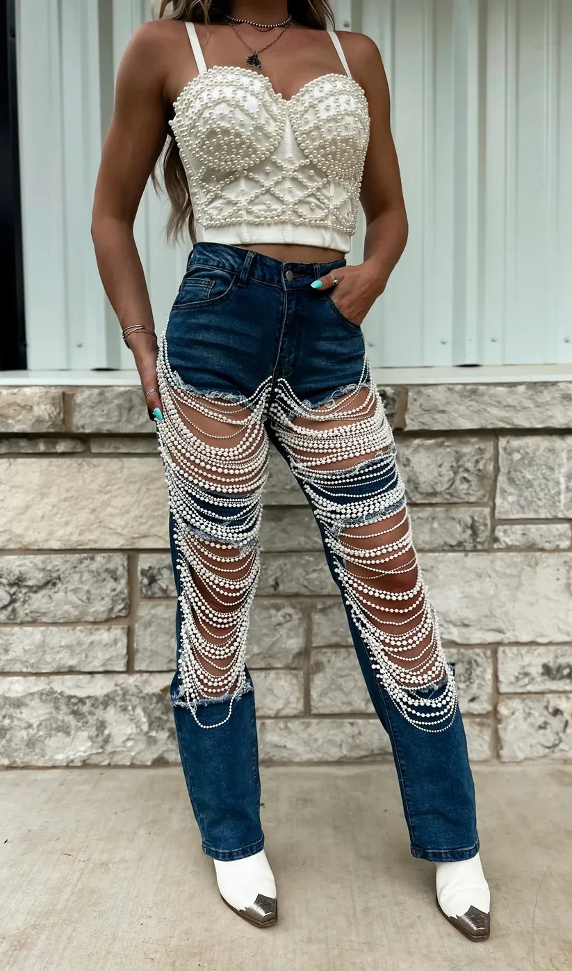 

Women Fashion Pearl Beading Ripped Hollow Out Tassel Wide Leg Jeans 2024 New Summer INS Street Denim Pants Trousers