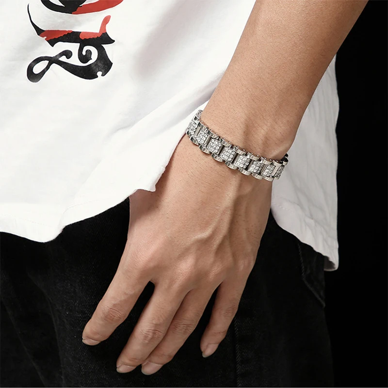 Micro Paved AAA Cubic Zirconia Bling Iced Out Stainless Steel Watch Band Link Chain Bracelet Men Hip Hop Rapper Jewelry