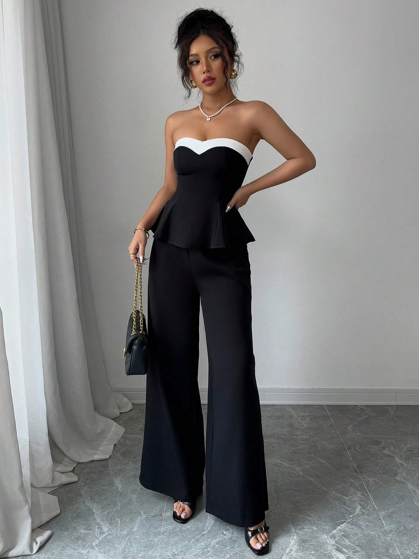 

Summer Vacation Style European and American Style Spliced Off-The-Shoulder Top and Wide-Leg Long Pants Set