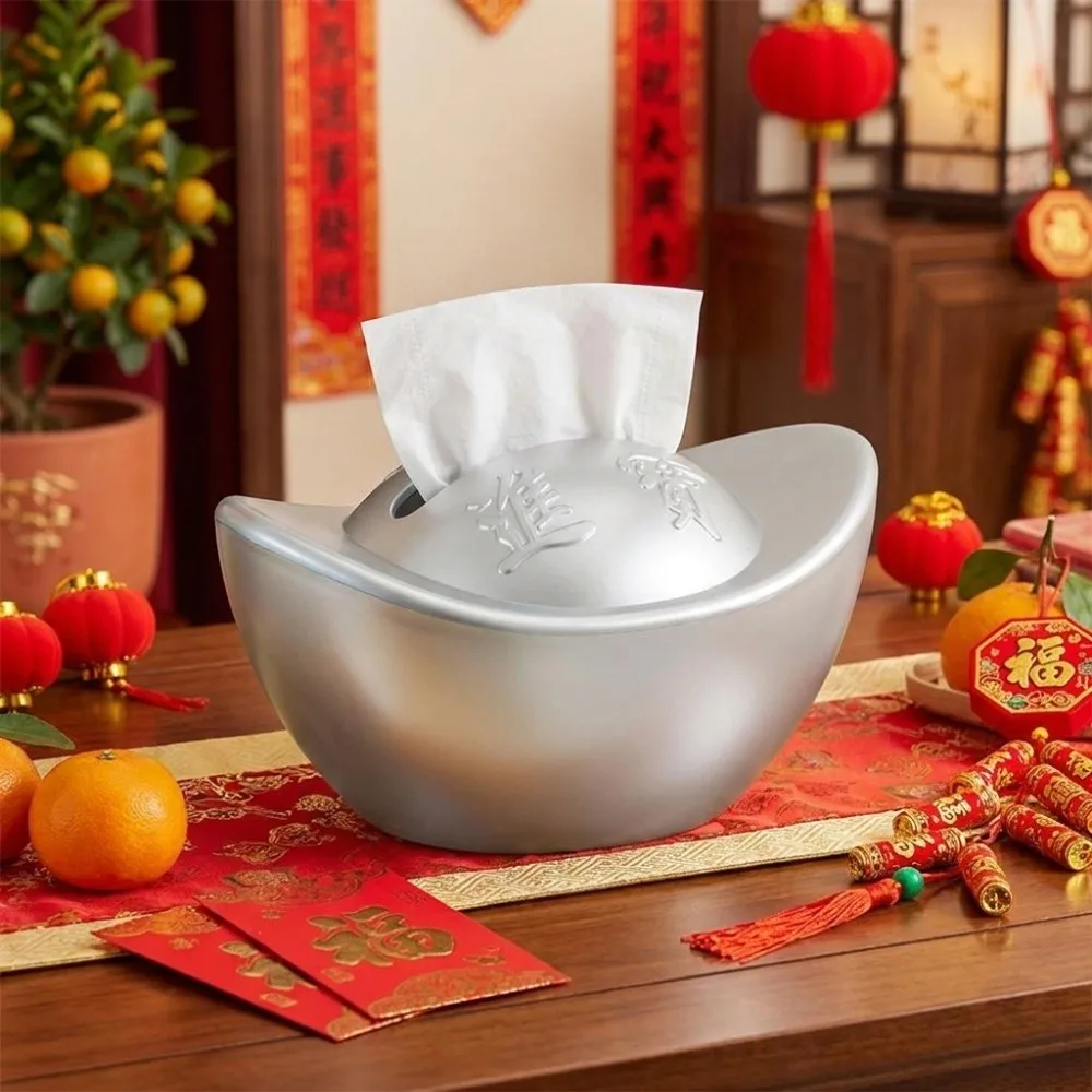 Yuan Bao Shape Ingot Yuan Bao Tissue Box Feng Shui Decor Silver/Gold Chinese-Style Tissue Cover Decorative Spring-Loaded