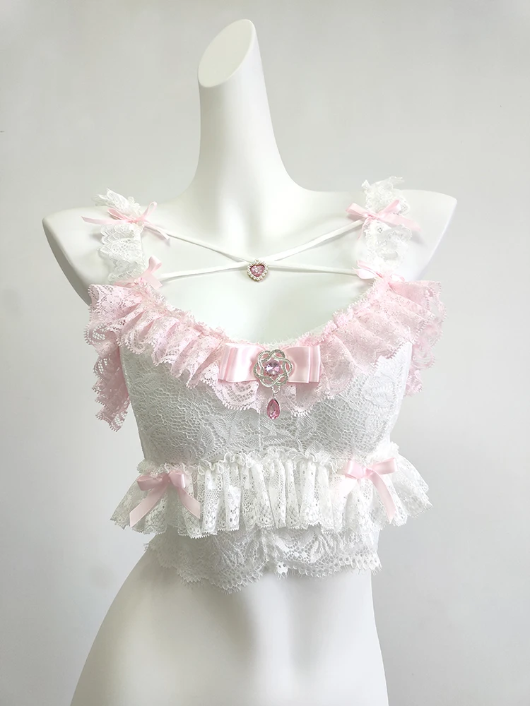 Cute Lace Crop Top Women Summer Lolita Style Cropped Bows Pendants Decoration Tops Camis for Sweet Girls Kawaii Clothes