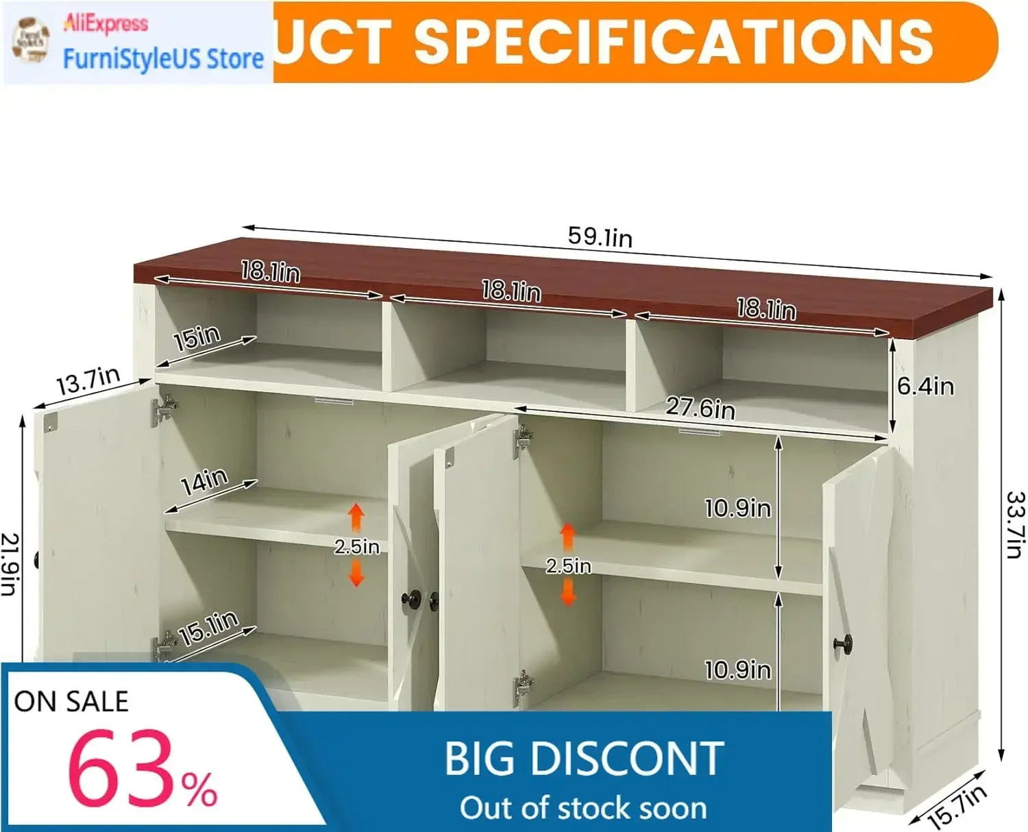 Large Farmhouse Buffet Cabinet With Storage 59 Inch Kitchen Sideboard With 4 Doors 3 Open Compartments For Dining Living Room Co