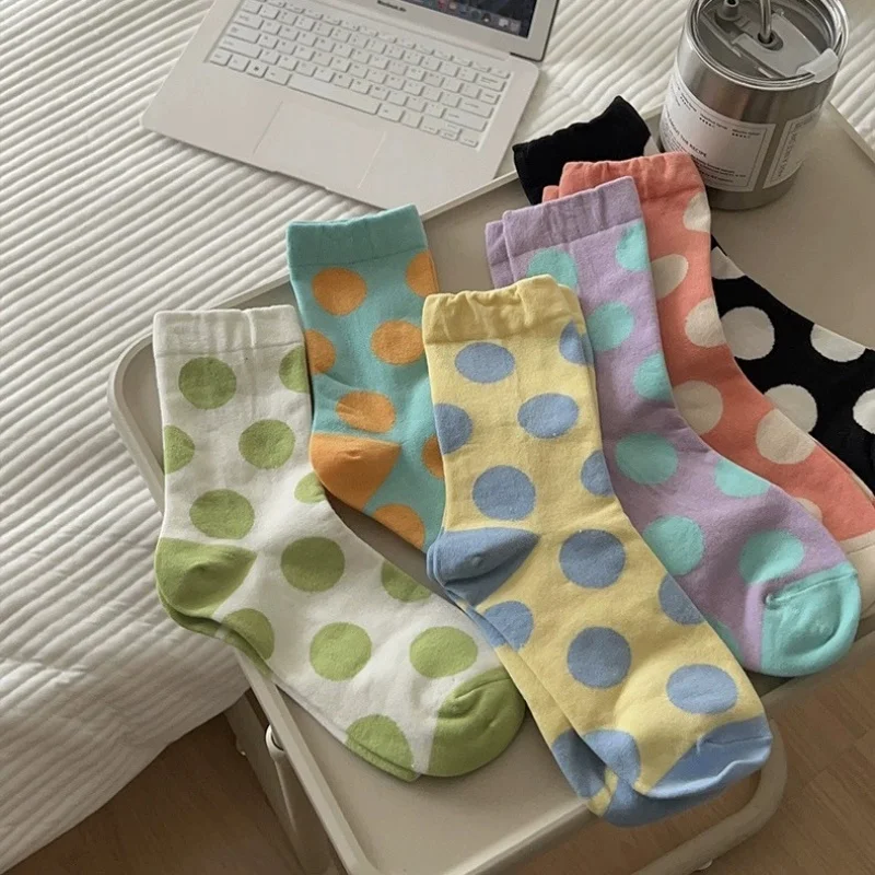

Весенние и летние женские носки до середины икры, 6 пар разноцветных носков в горошек, универсальные носки в горошек, которые можно носить в несколько слоев.