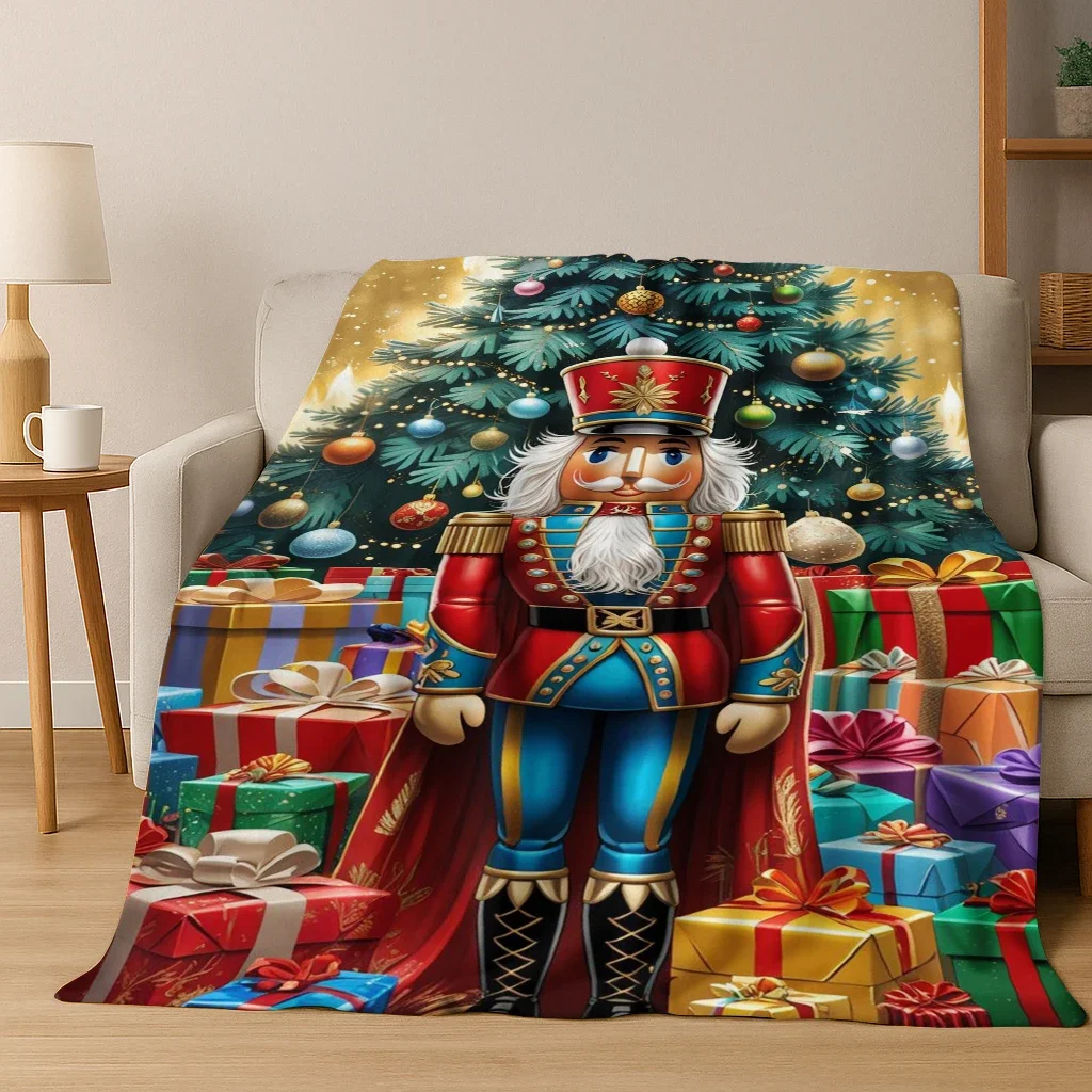 Merry Christmas Tree Nutcracker Cartoon Puppet New Year Gift Flannel Blanket,Soft Throw Blanket for Home Bedroom Bed Sofa Kids