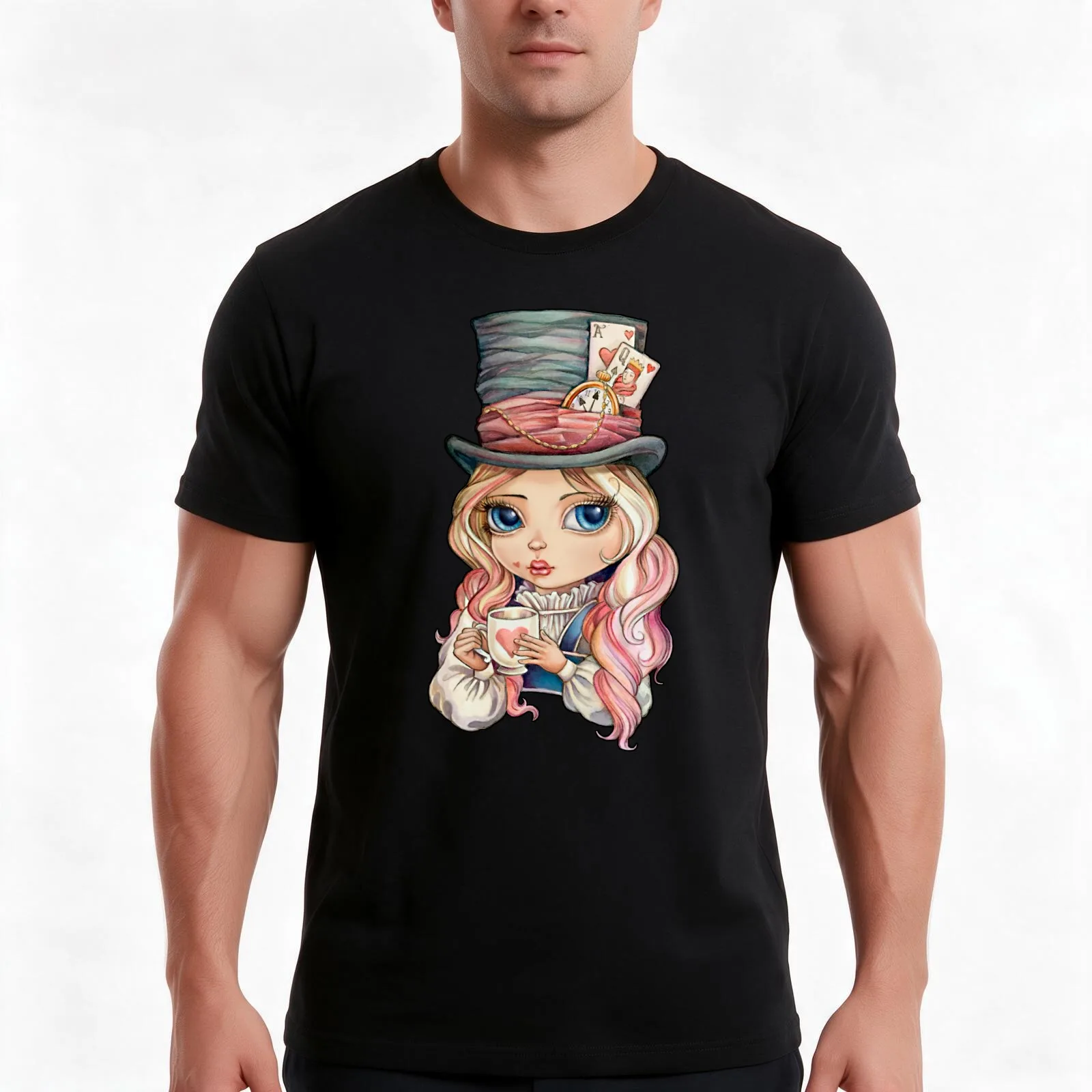 Mad Hatter Alice T-Shirt, Summer Casual Cotton Tee, Oversized Streetwear Tops, Vintage Graphic Print, Loose Fit Short Sleeve