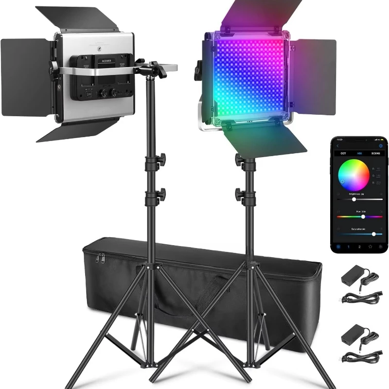 RGB Light Emitting Diode Video Light with Application Controls and Stand Kit, 2 Pack Constant 50w No Color Offset/1% Accurate